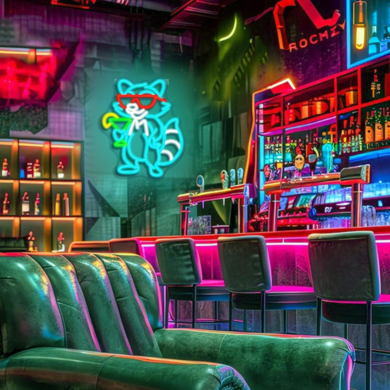선글라스를 쓴 너구리 칵테일 네온사인, 밝기 조절 가능 - Home Bar Lounge 리뷰 및 가격