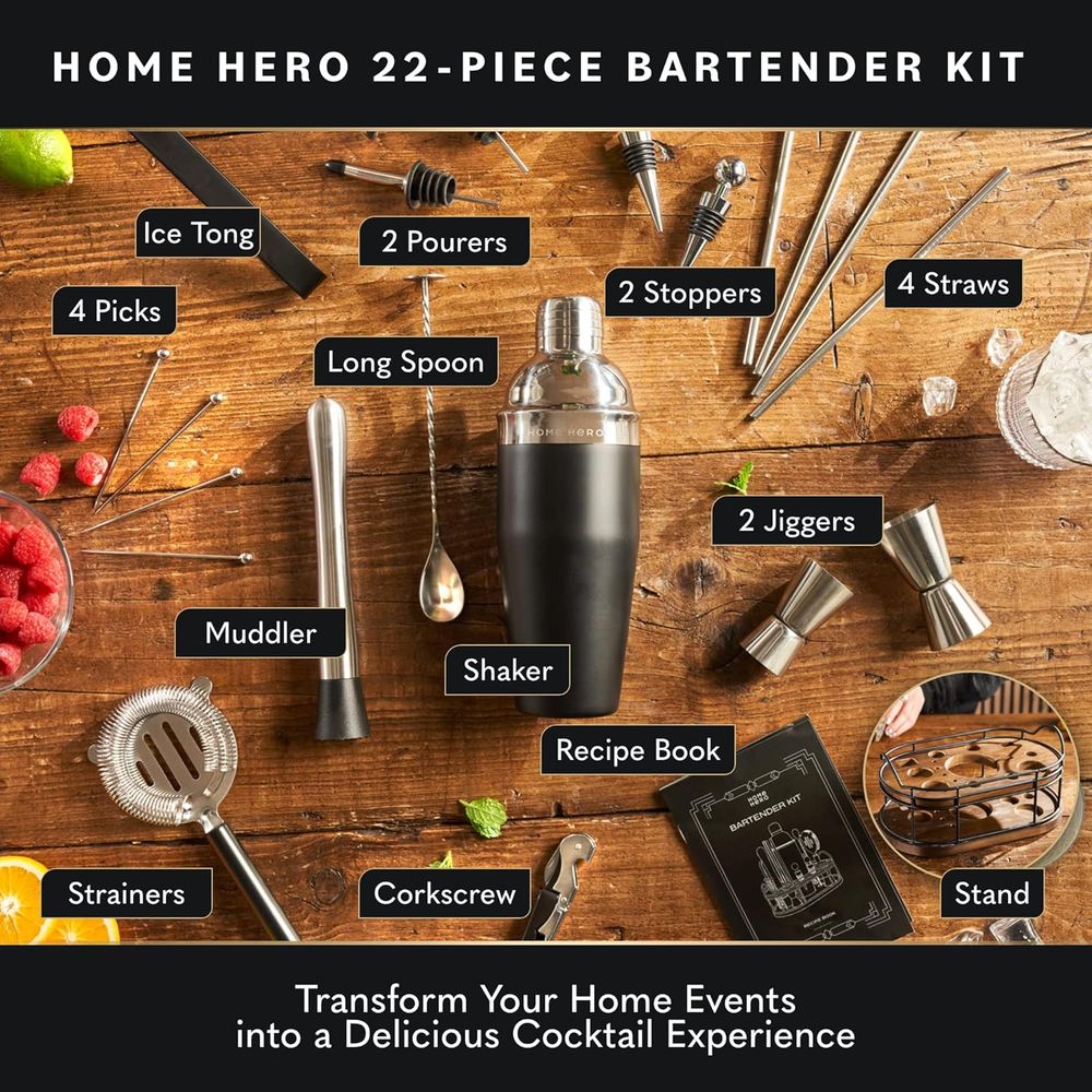 22종 칵테일 쉐이커 & 바 도구 세트 - 나무 스탠드 - Cocktail Recipe Book 리뷰 및 가격
