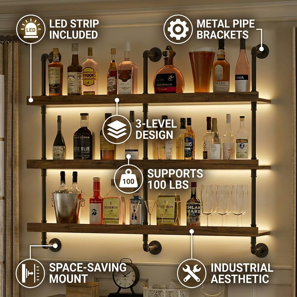 벽걸이식 LED 조명 와인랙 3단 플로팅 바 선반 주류 - Home Bar Shelves 리뷰 및 가격